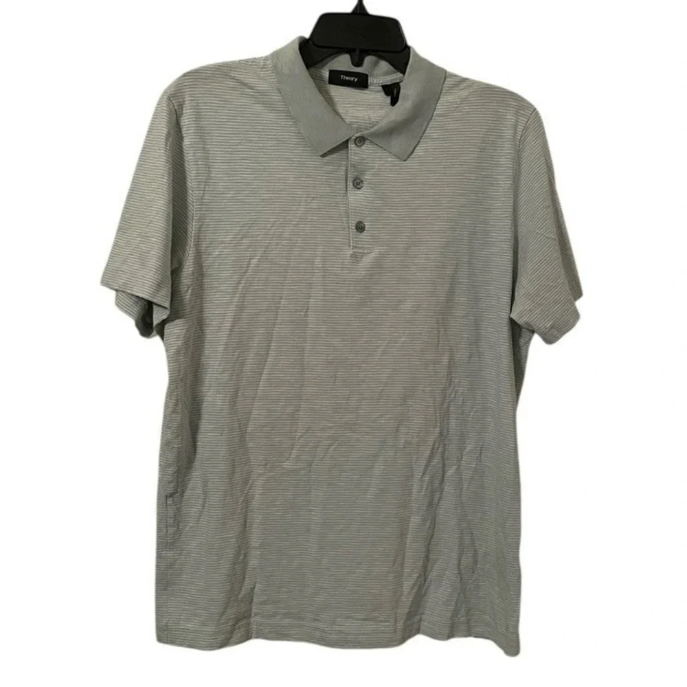 Theory‎ Men's Mint Green White Striped Cotton Quarter Collared Polo Shirt Size L